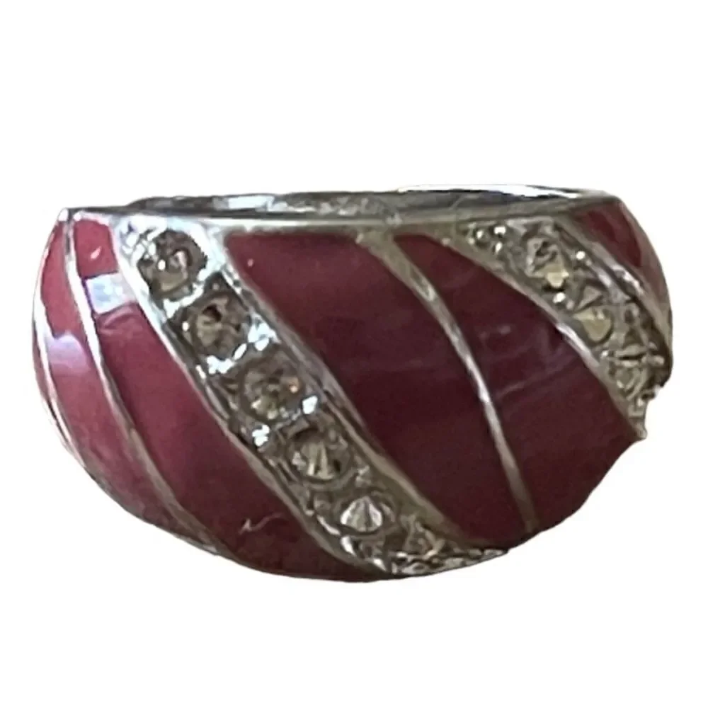NWOT dark red enamel rhinestone silver tone ring US size 8
